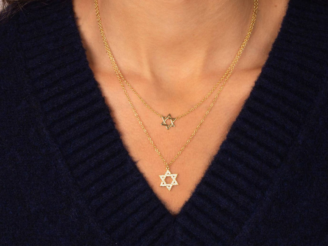 Gold Star of David Necklace with Pave CZs