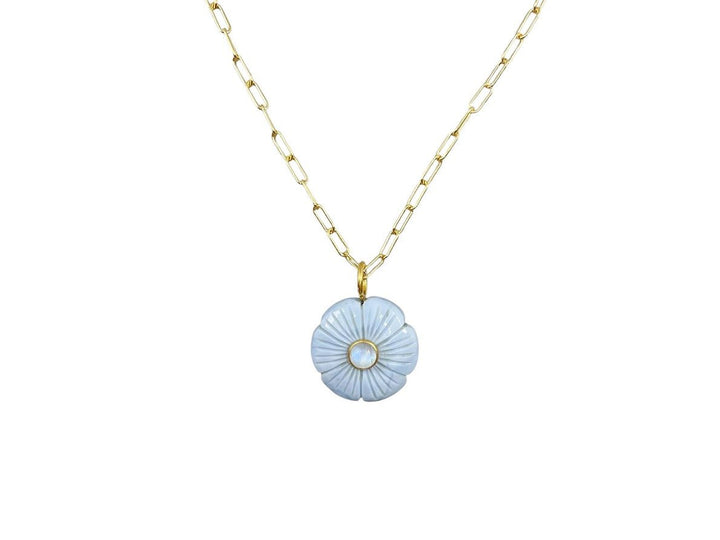 Blue Opal and Rainbow Moonstone Flower Charm Necklace