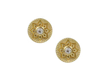 Load image into Gallery viewer, Gold Petaled Disc Earrings with White Topaz
