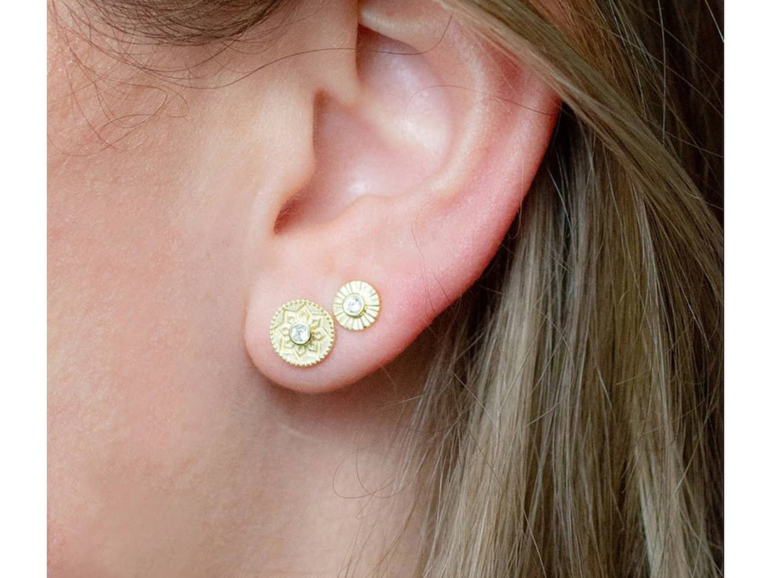 Gold Petaled Disc Earrings with White Topaz