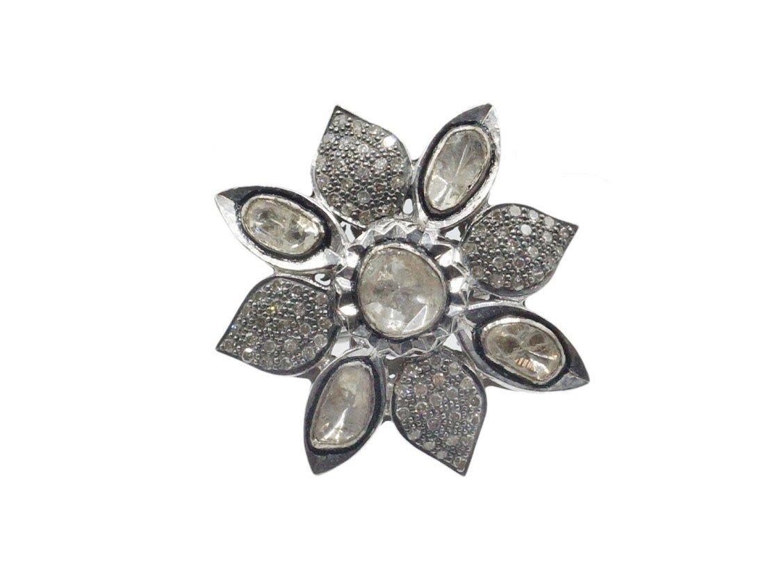 SS Flower Ring with Rose Cut and Pave Diamonds