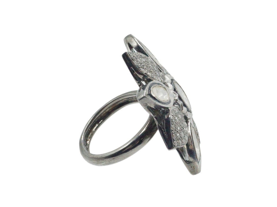 SS Flower Ring with Rose Cut and Pave Diamonds