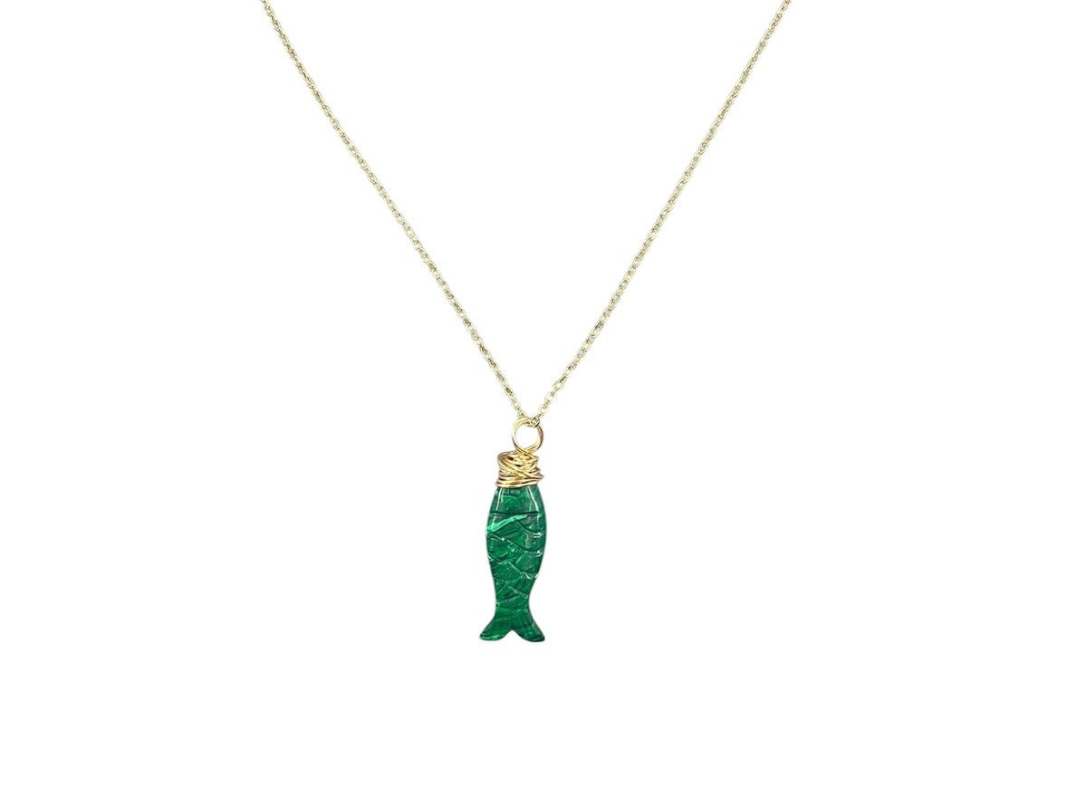 Malachite Fish Charm Necklace.
