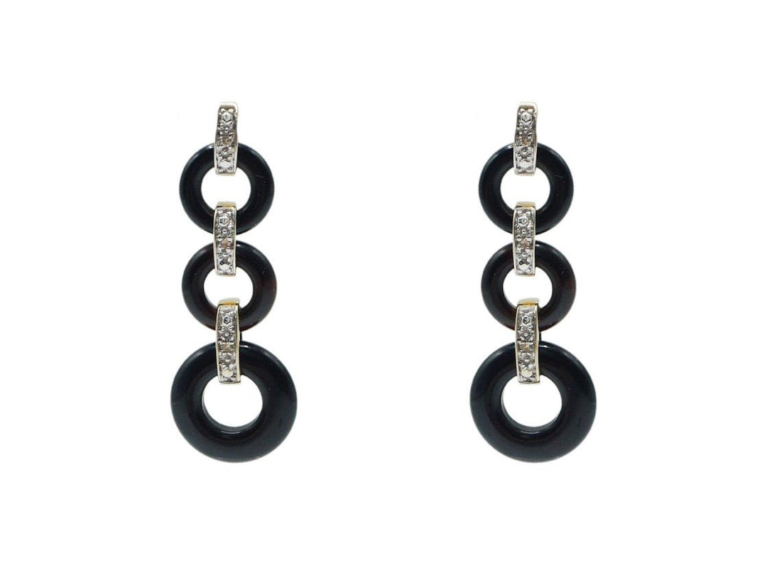 10k Gold, Vintage Black Onyx, and Diamond Circle Drop Earrings