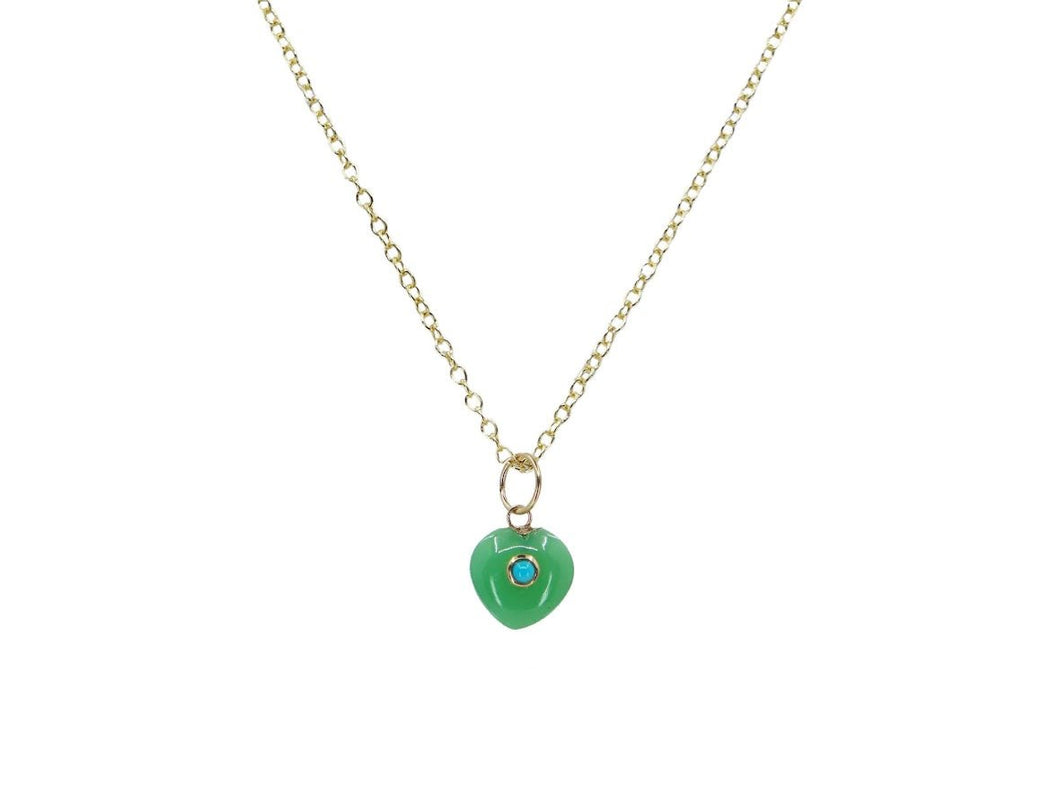 14k Chrysoprase Heart Charm Necklace with Bezel Set Turquoise