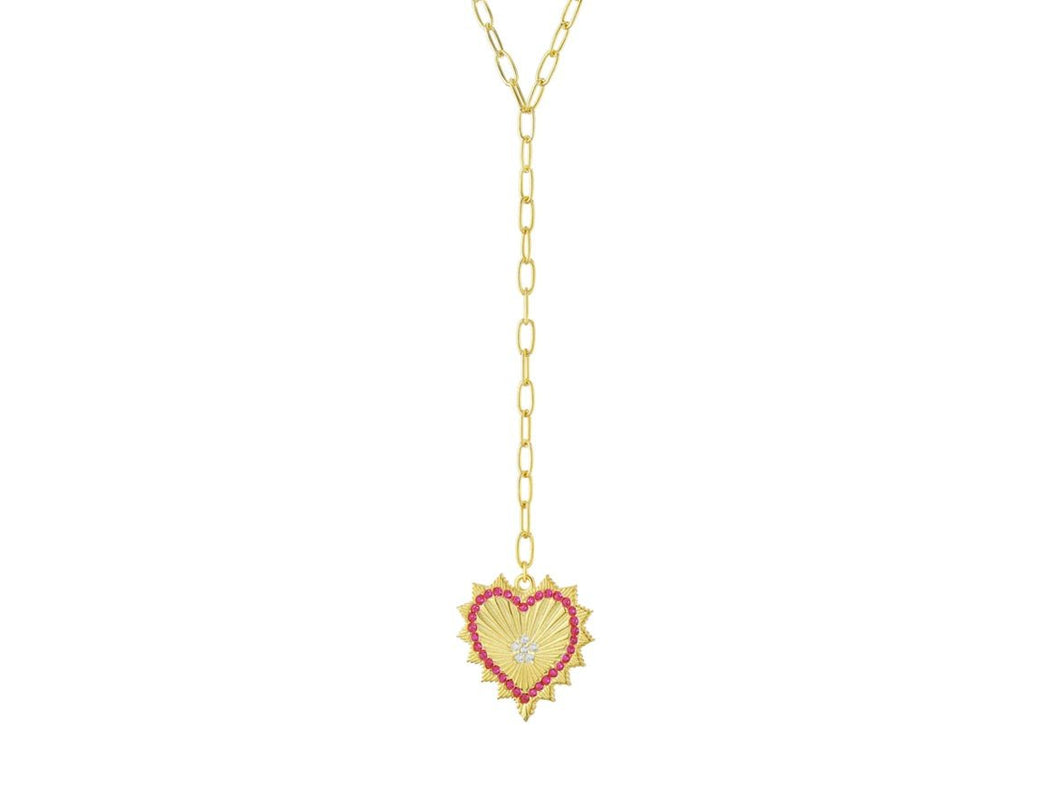 Gold Radiating Heart Charm Necklace with Red CZs