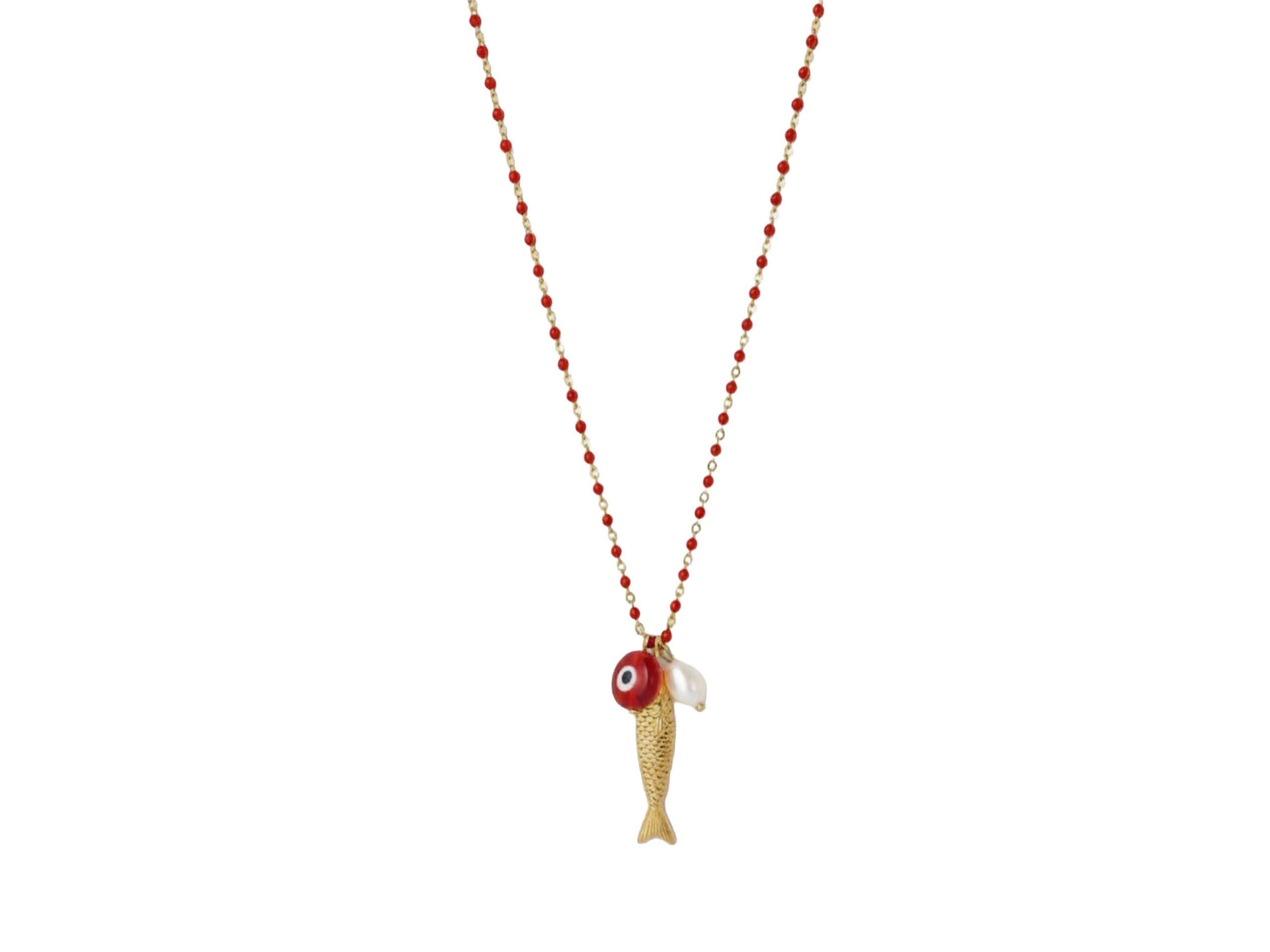 Gold Fish and Red Evil Eye Charm Necklace