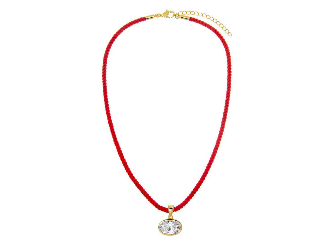 Oval CZ Charm on Red Rope Necklace