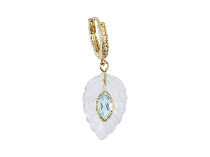 Hand-Carved Crystal Quartz Leaf Earring with Blue Topaz