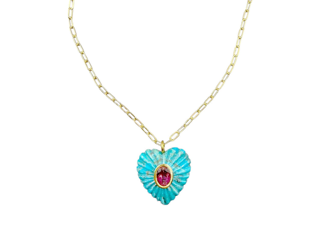 Carved Turquoise and Tourmaline Heart Charm Necklace