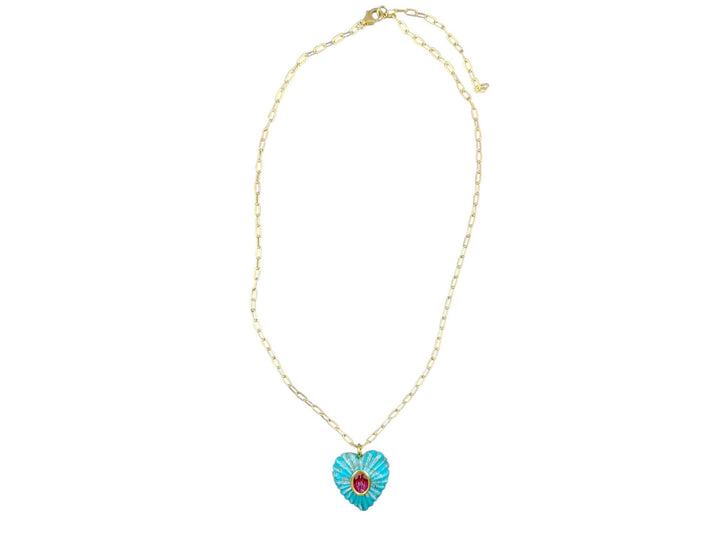 Carved Turquoise and Tourmaline Heart Charm Necklace
