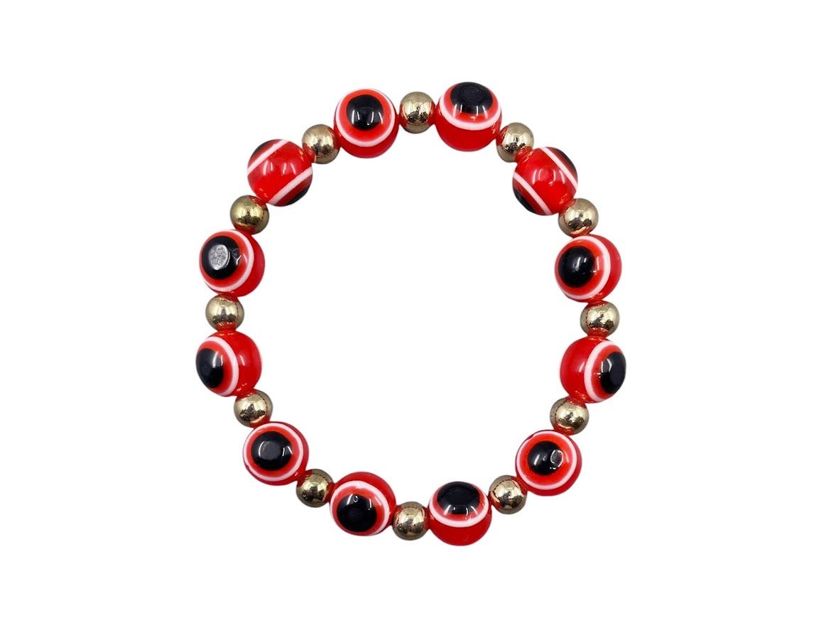 Gold Bead Bracelet with Red Glass Evil Eye Beads.
