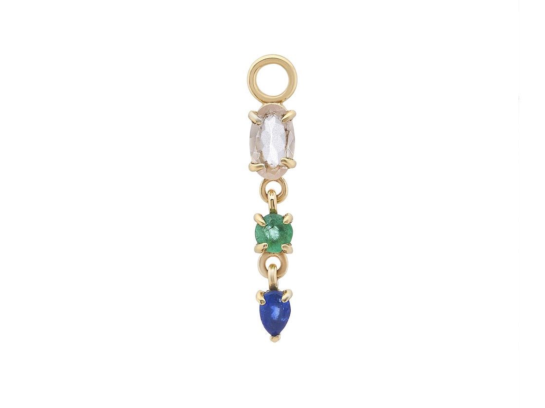 9k Droplet Charm with Morganite, Emerald, and Blue Sapphire