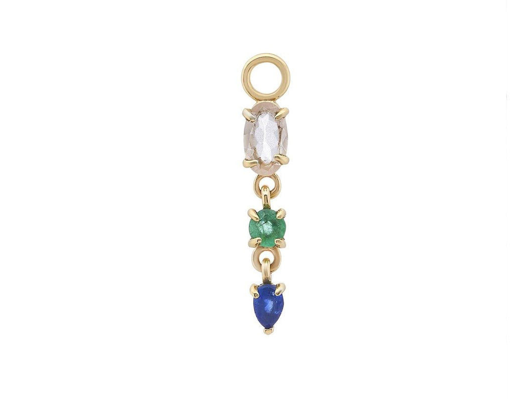 9k Droplet Charm with Morganite, Emerald, and Blue Sapphire