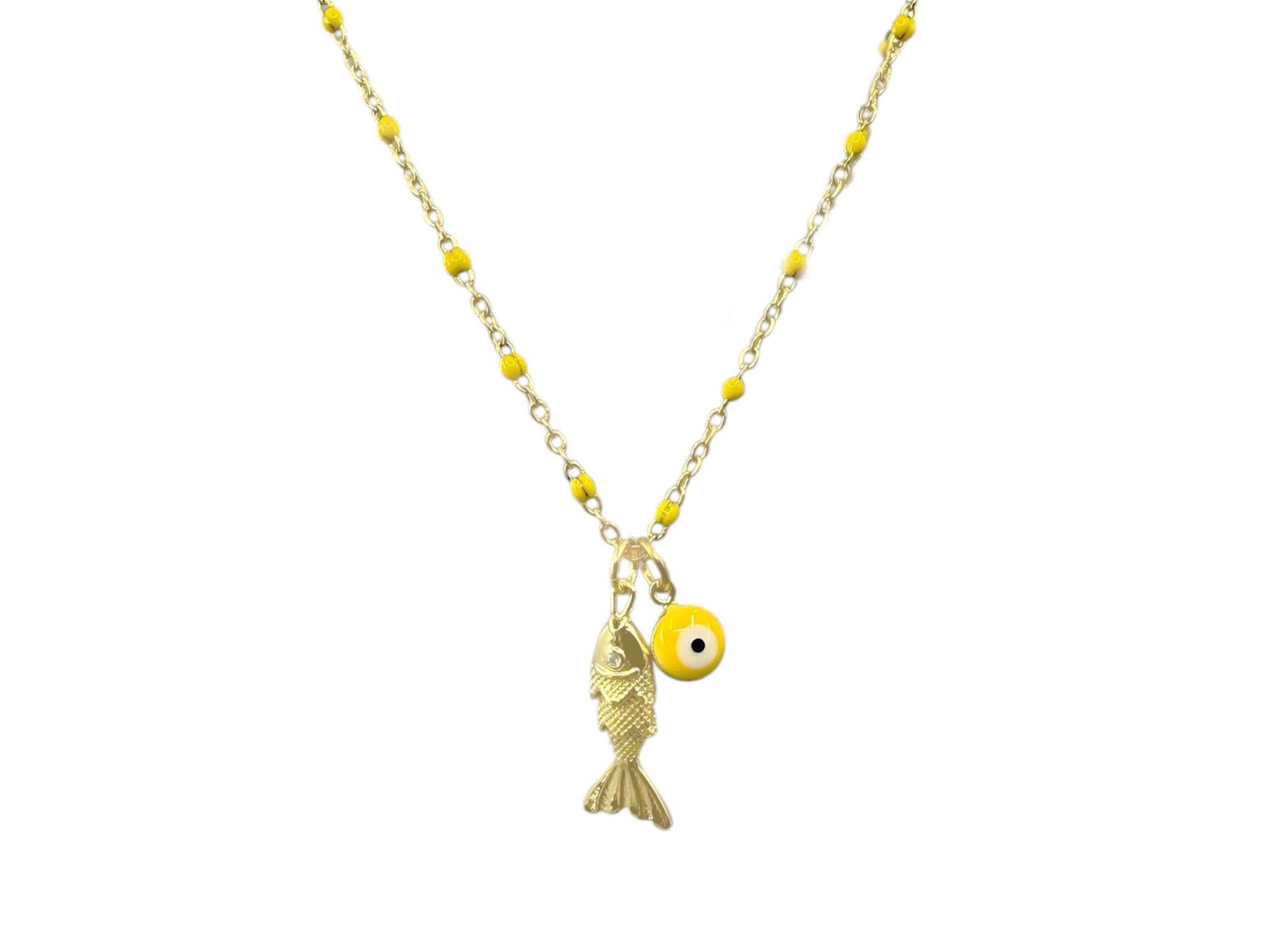 Gold Fish and Yellow Enamel Evil Eye Charm Necklace