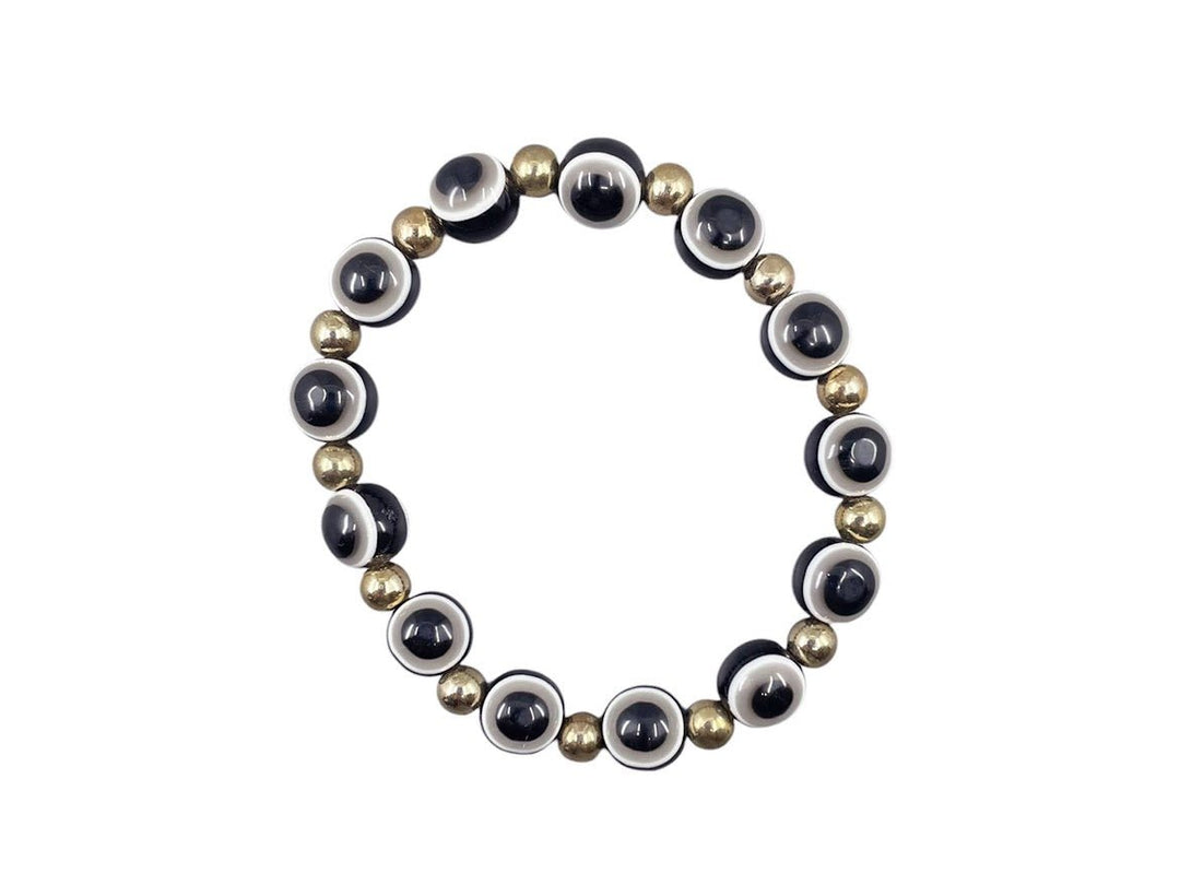 Gold Bead Bracelet with Black Glass Evil Eye Beads