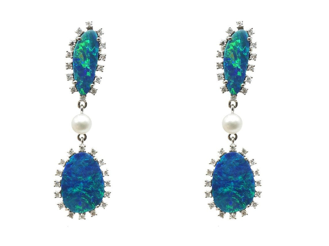 18k Double Opal Drop Earrings with Diamonds