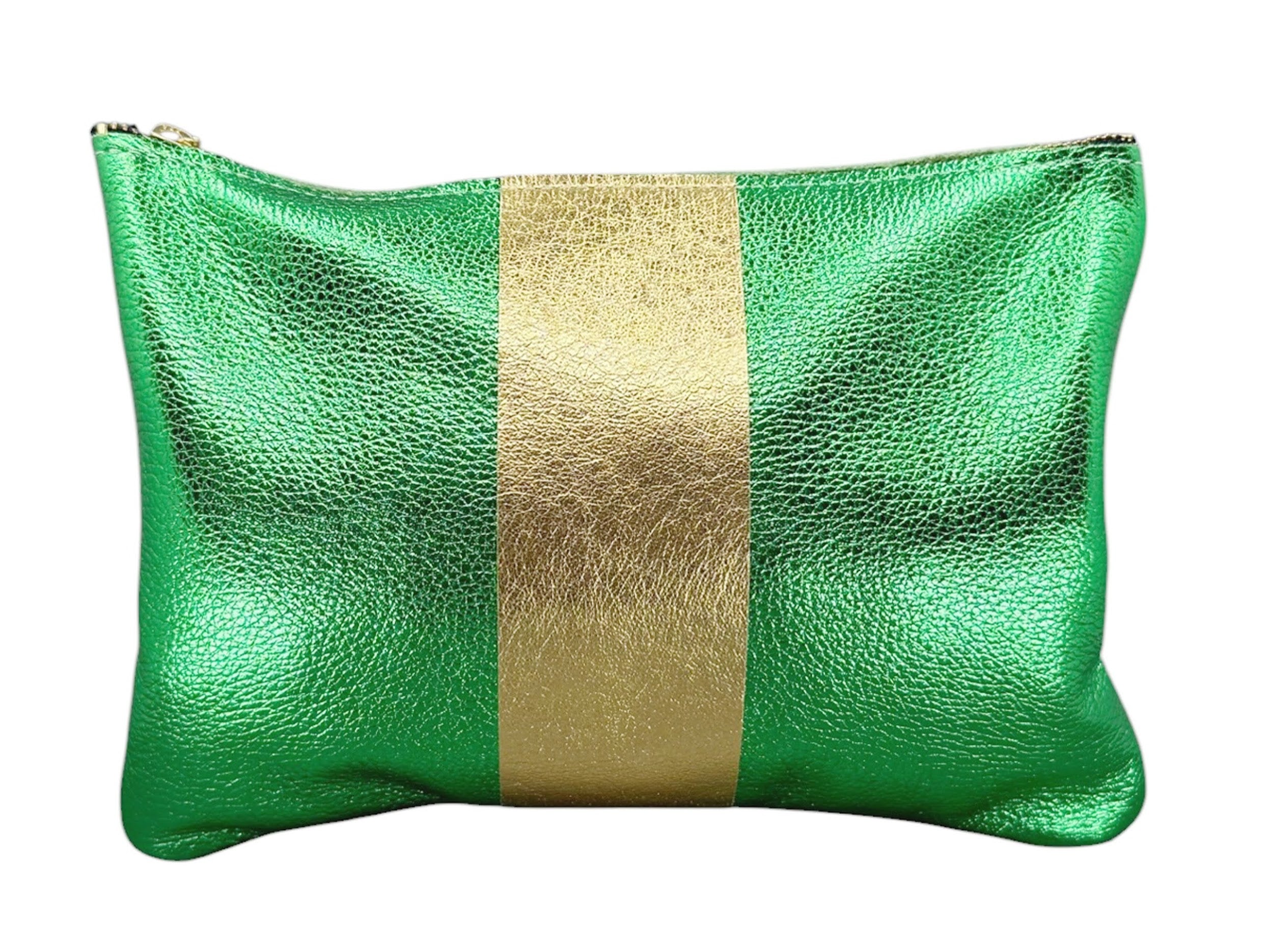 Large Emerald Metallic Leather Pouch with Gold Stripe