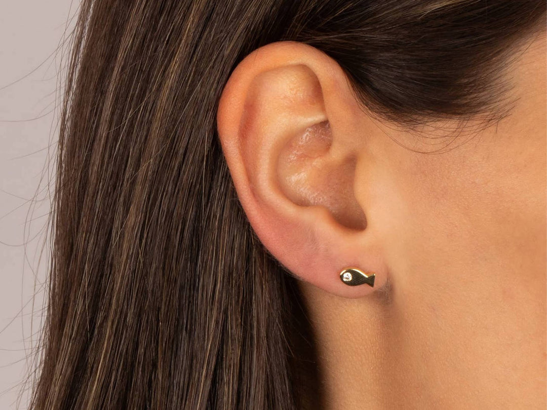 Mini Fish Stud Earrings with CZs