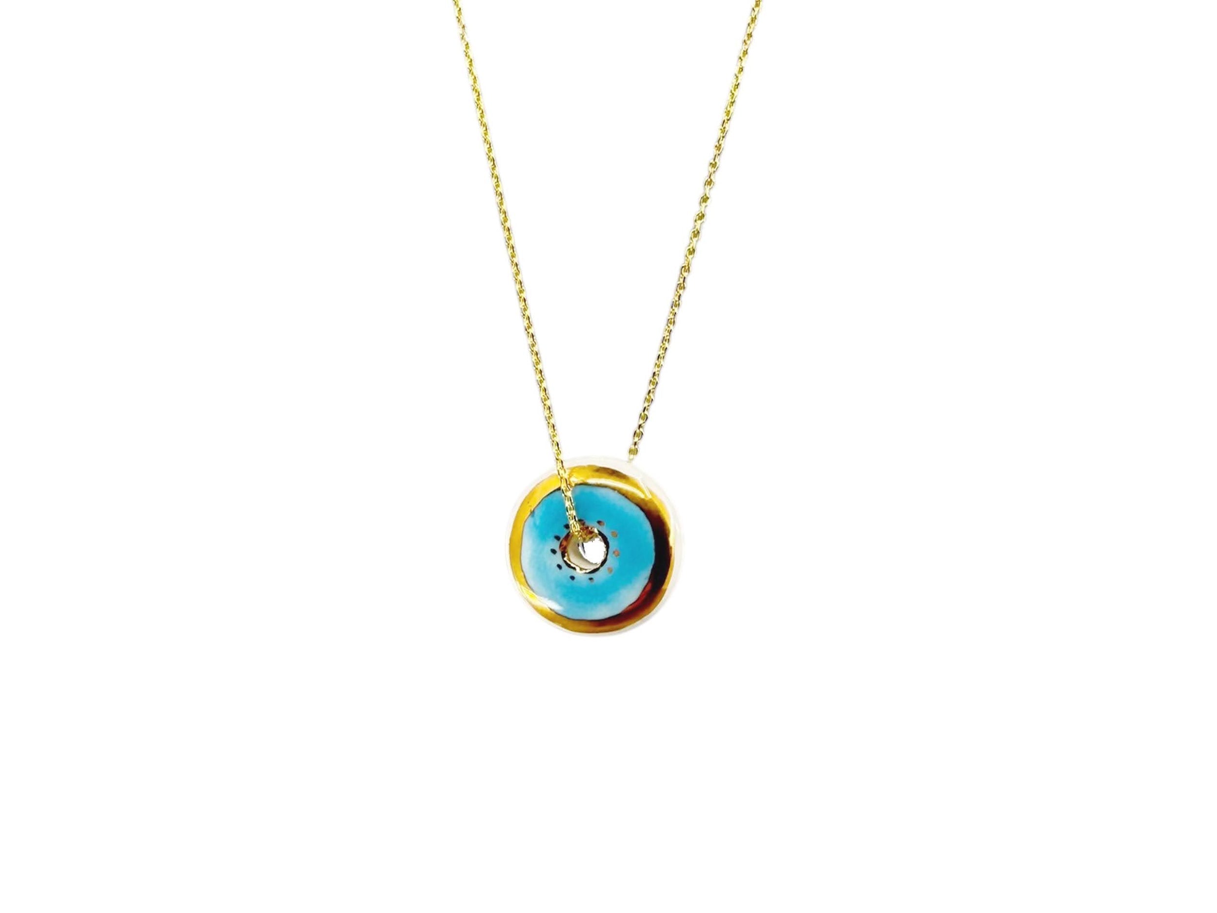 Handpainted Italian Porcelain Aqua and Gold Evil Eye Disc Charm