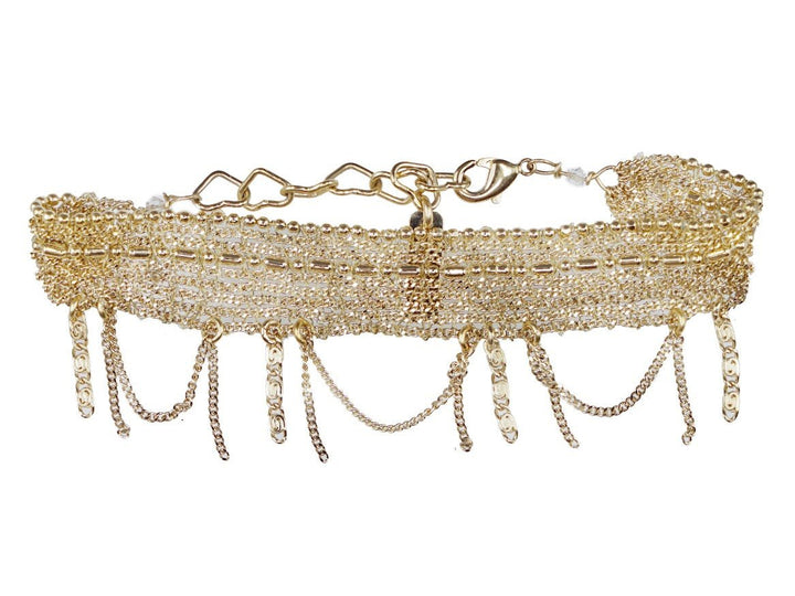 Gold Woven Chain Bracelet with Dangling Chain