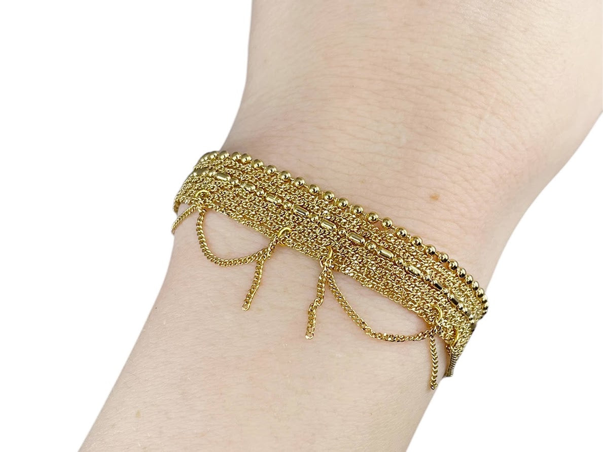 Gold Woven Chain Bracelet with Dangling Chain