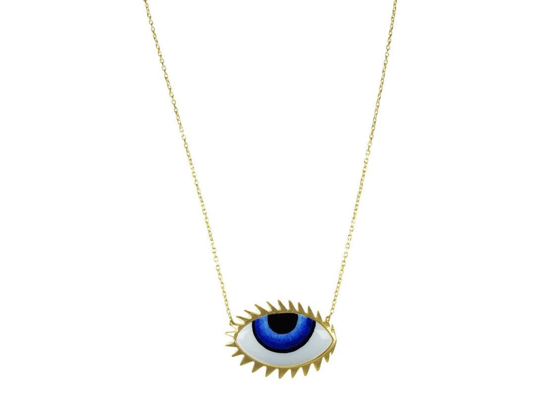 Handpainted Ceramic Blue Evil Eye Necklace w/ Gold Eyelashes