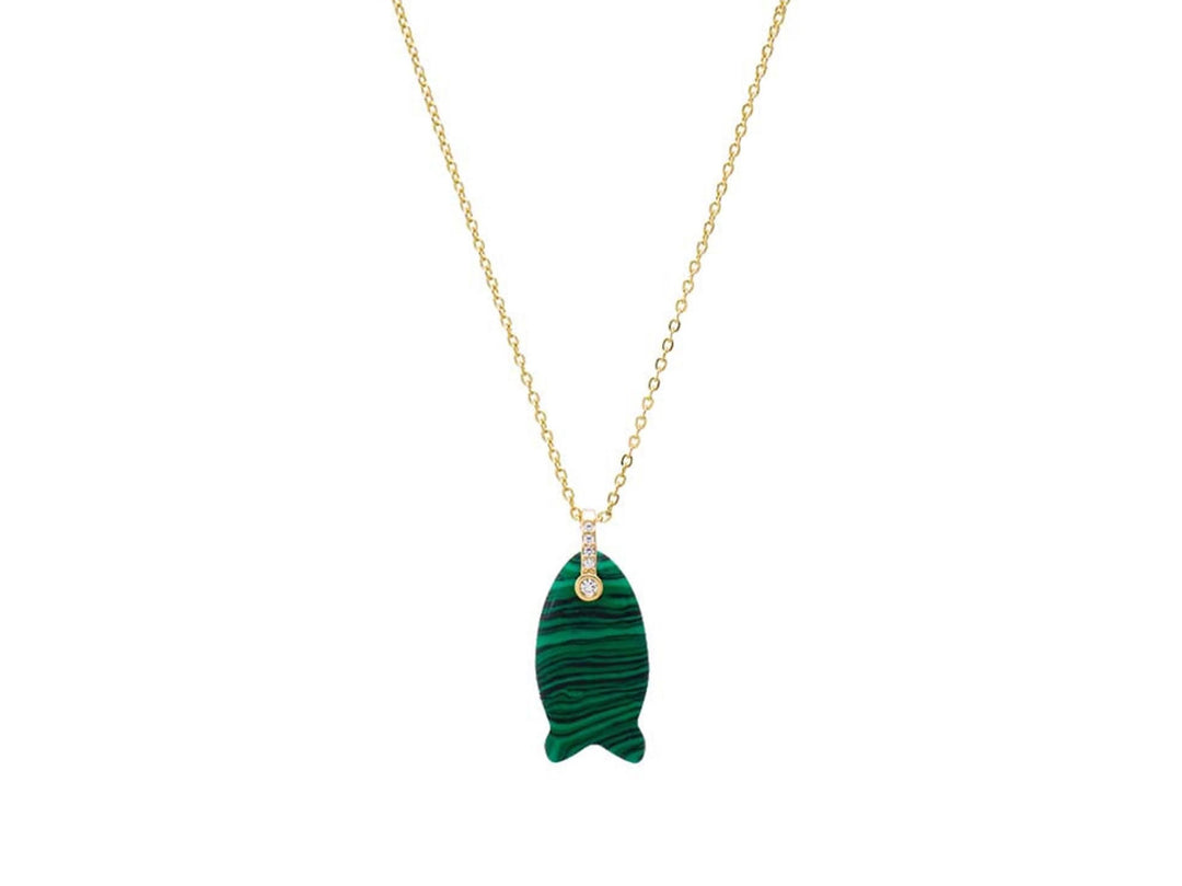 Tiny Malachite Fish Pendant Necklace with CZ Eye