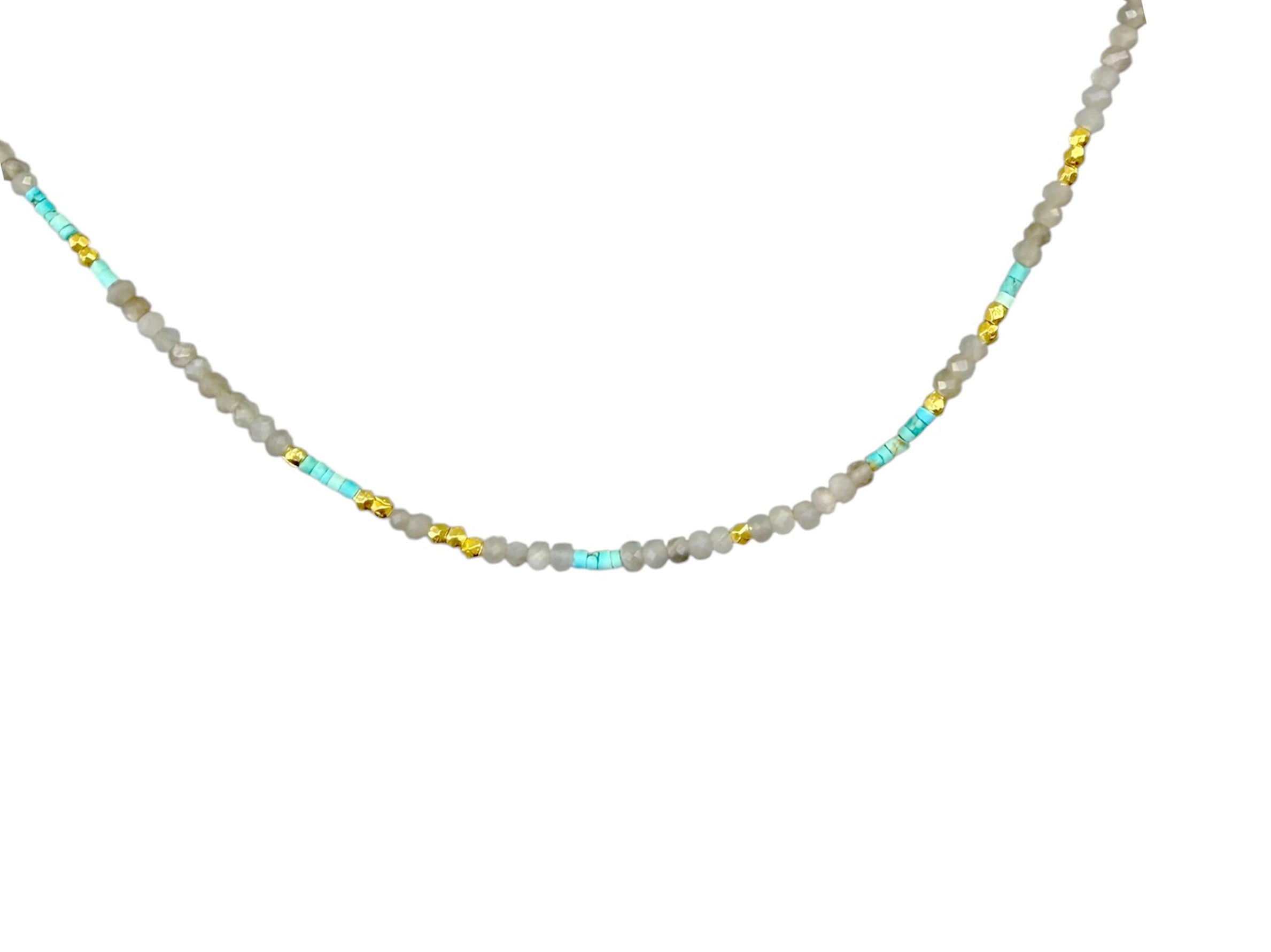 Gray Moonstone and Turquoise Tiny Bead Necklace