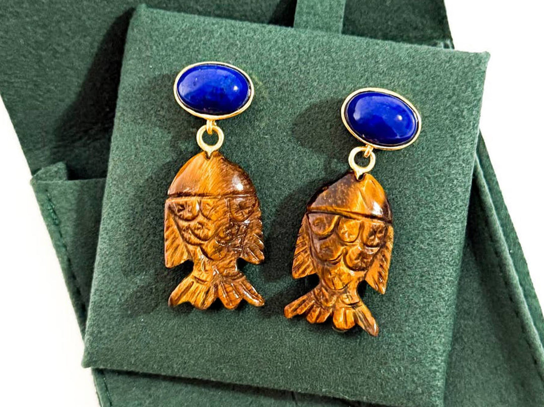 Lapis and Tiger Eye Fish Drop Earrings