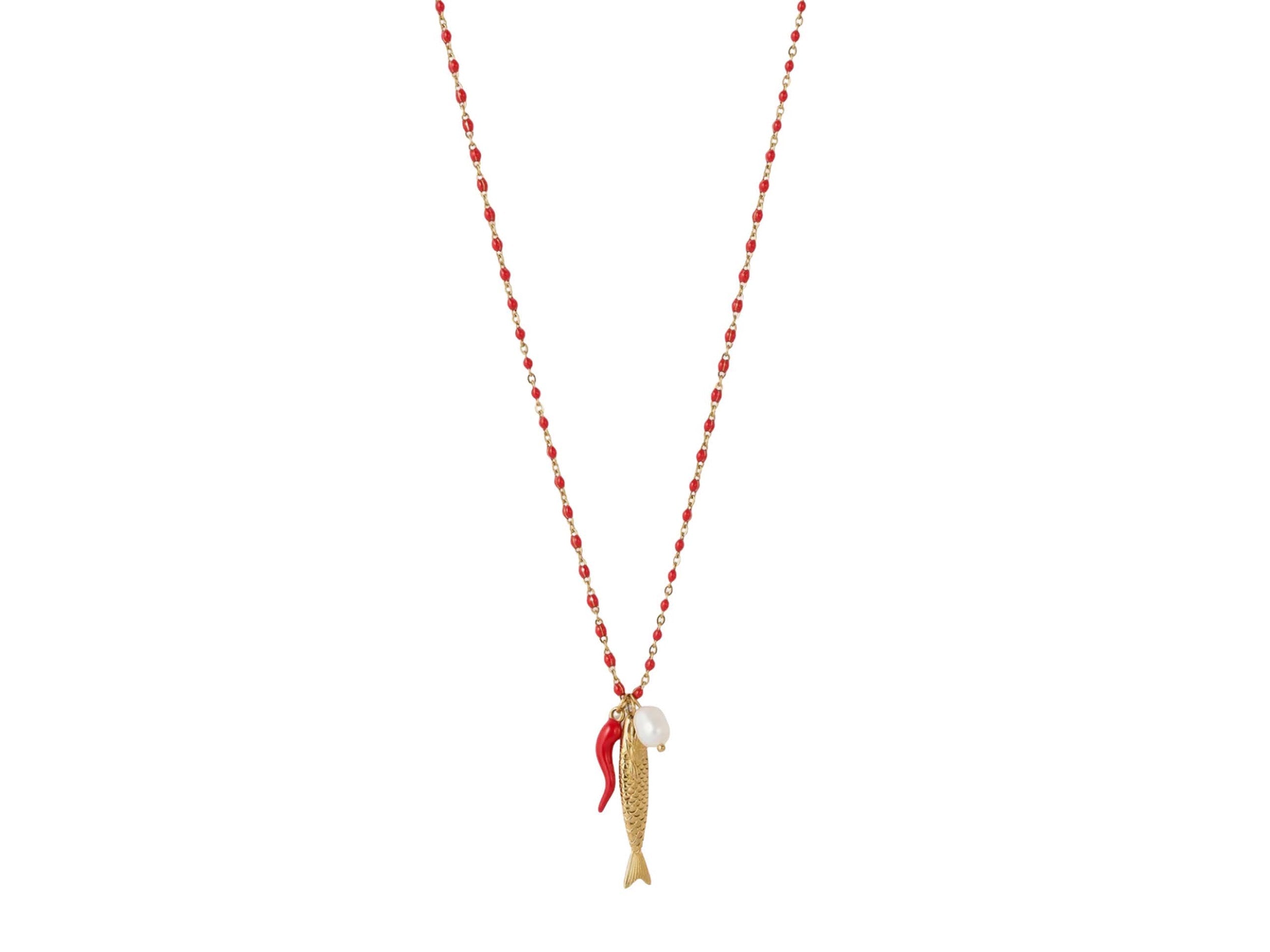 Gold Fish and Tan Enamel Evil Eye Charm Necklace