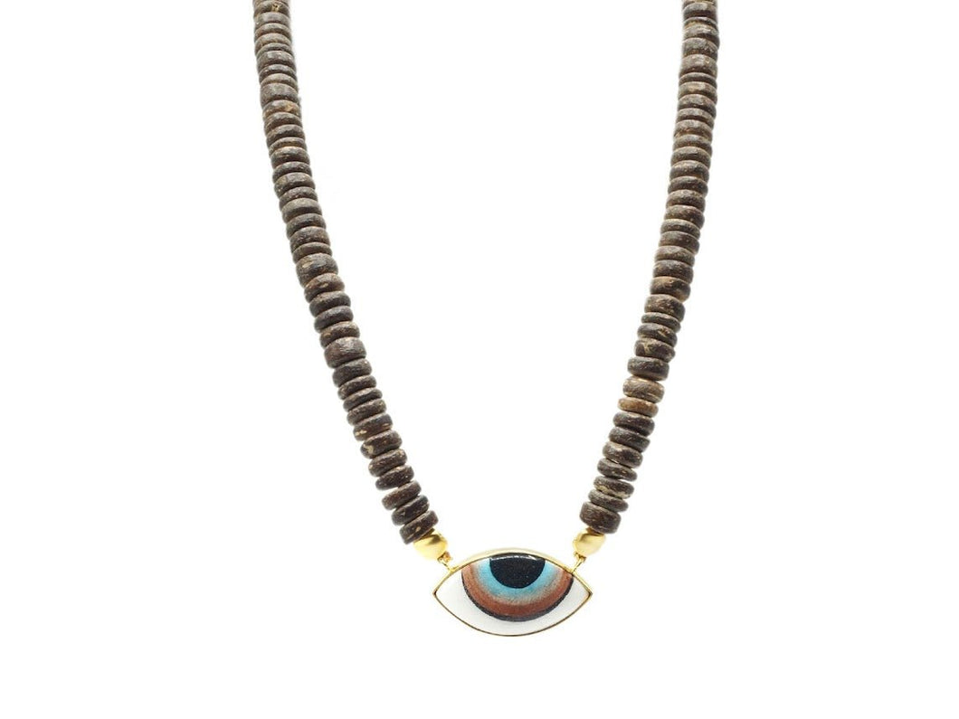 Wooden Bead Necklace with Handpainted Brown Evil Eye