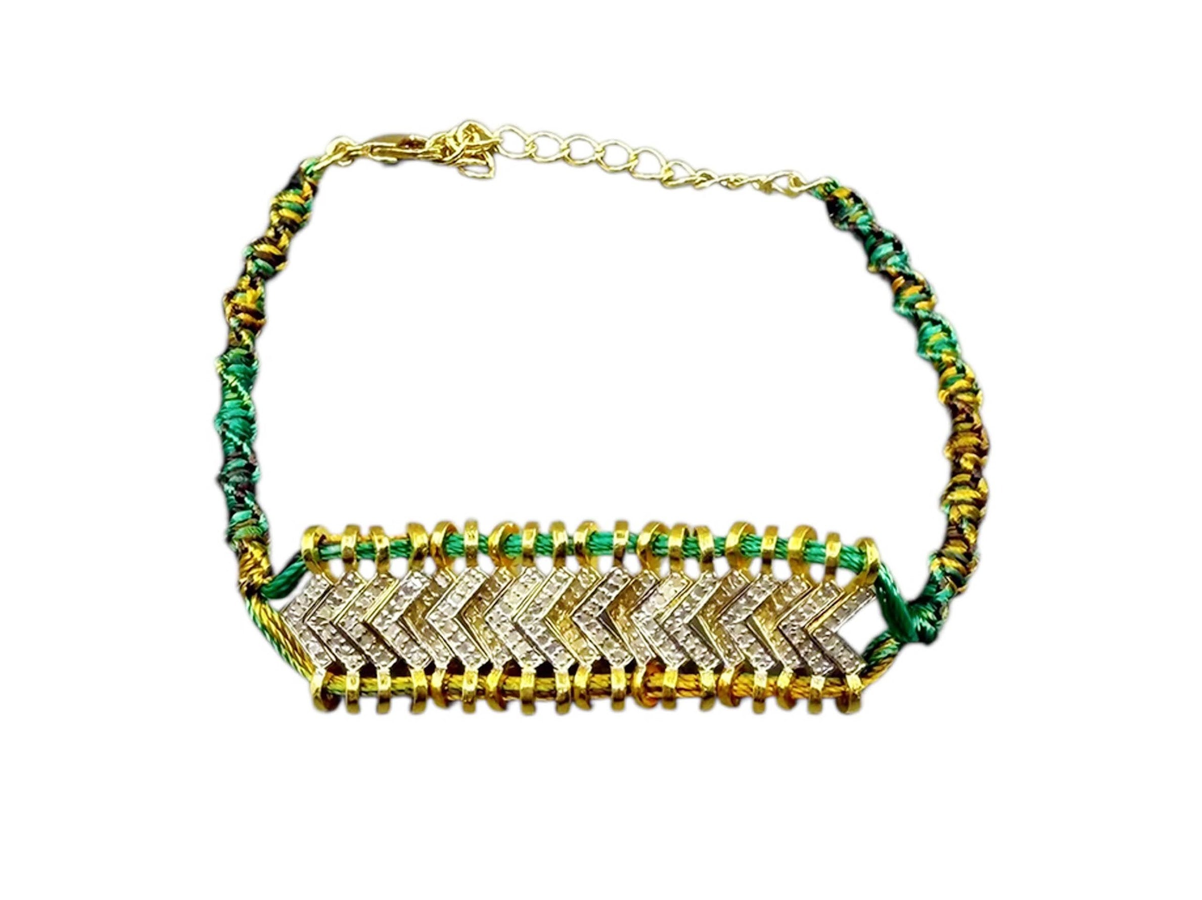 Diamond Bar Adjustable Bracelet with Green Silk Cord
