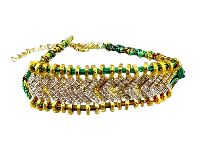 Diamond Bar Adjustable Bracelet with Green Silk Cord
