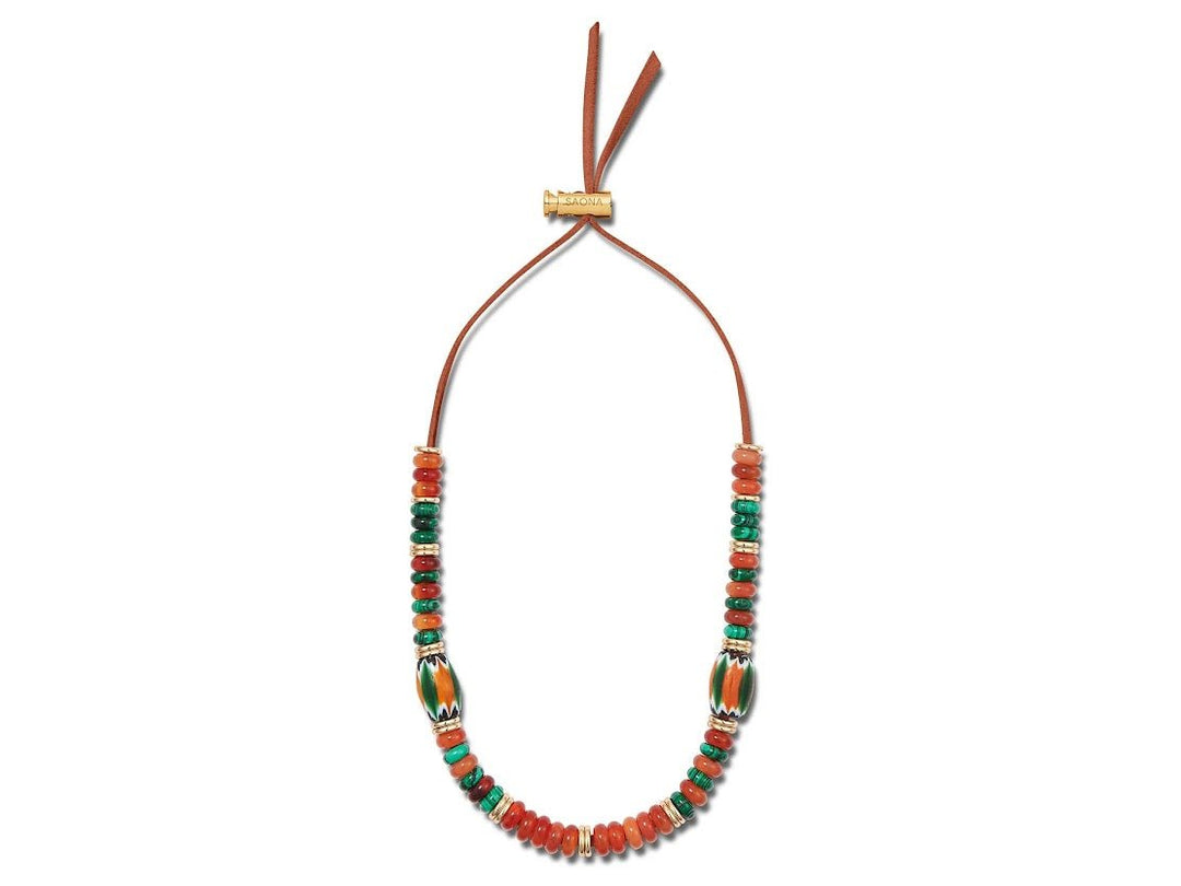 Orange Agate, Malachite, and Fluted Bead Necklace