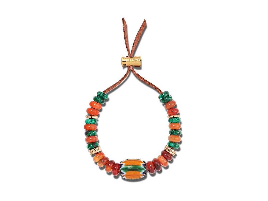 Orange Agate, Malachite, and Glass Bead Bracelet.
