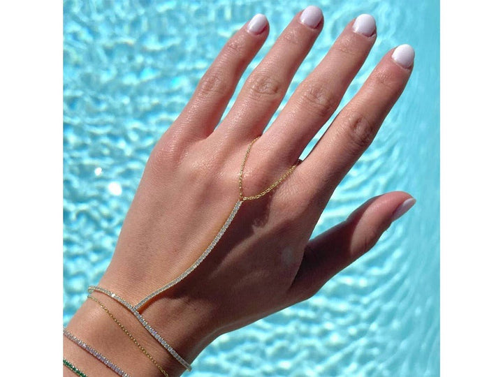 Gold Hand Chain Tennis Bracelet with CZs