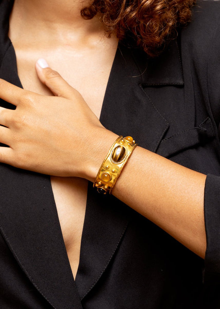 Narrow Tiger Eye and Yellow Onyx Byzantine Cuff