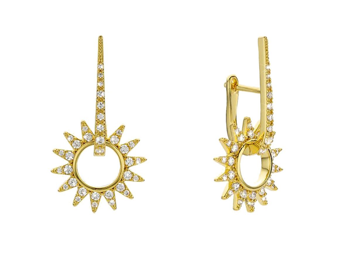 Gold Dangling Sun Hoop Earrings with CZs
