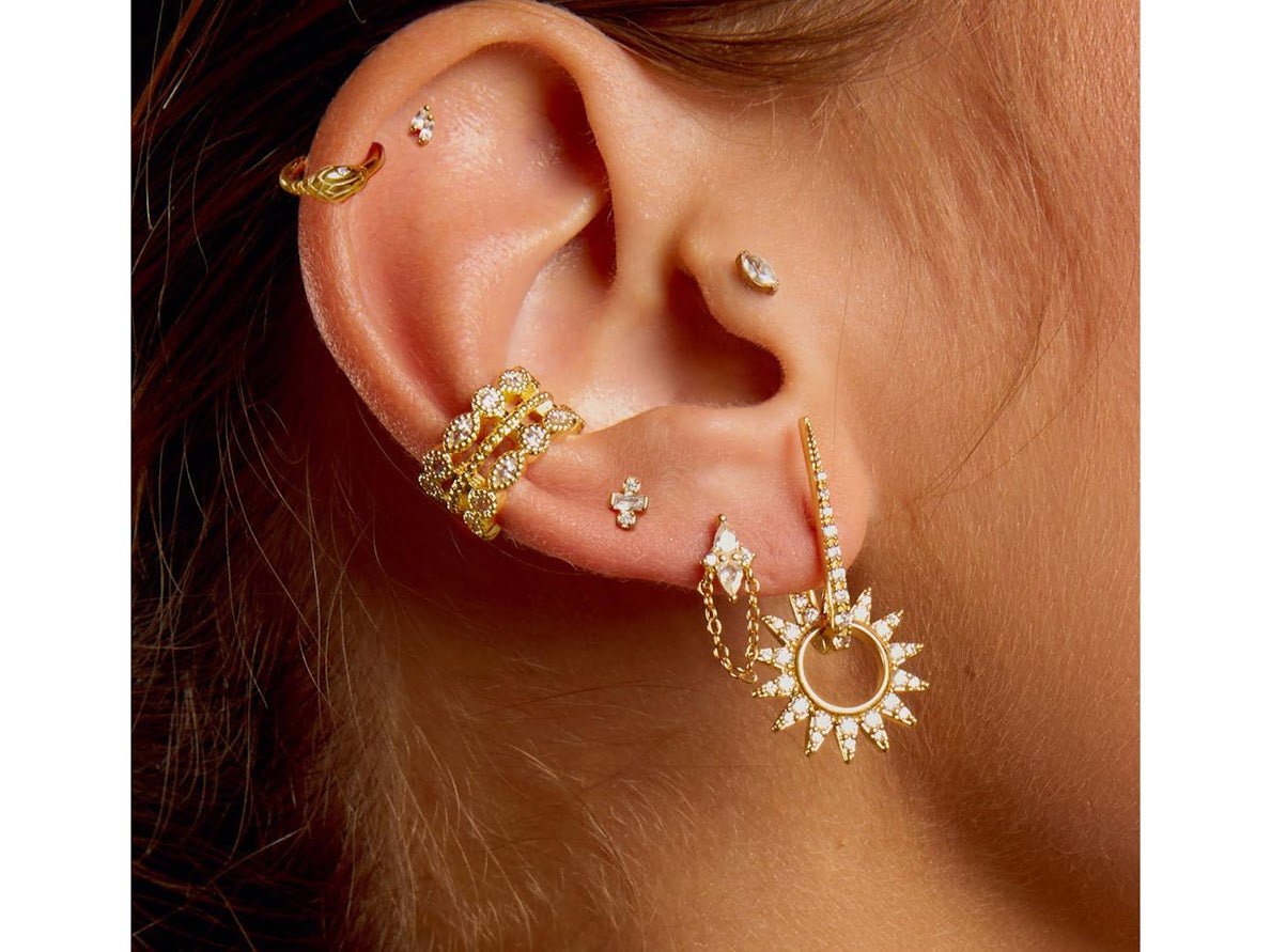Gold Dangling Sun Hoop Earrings with CZs