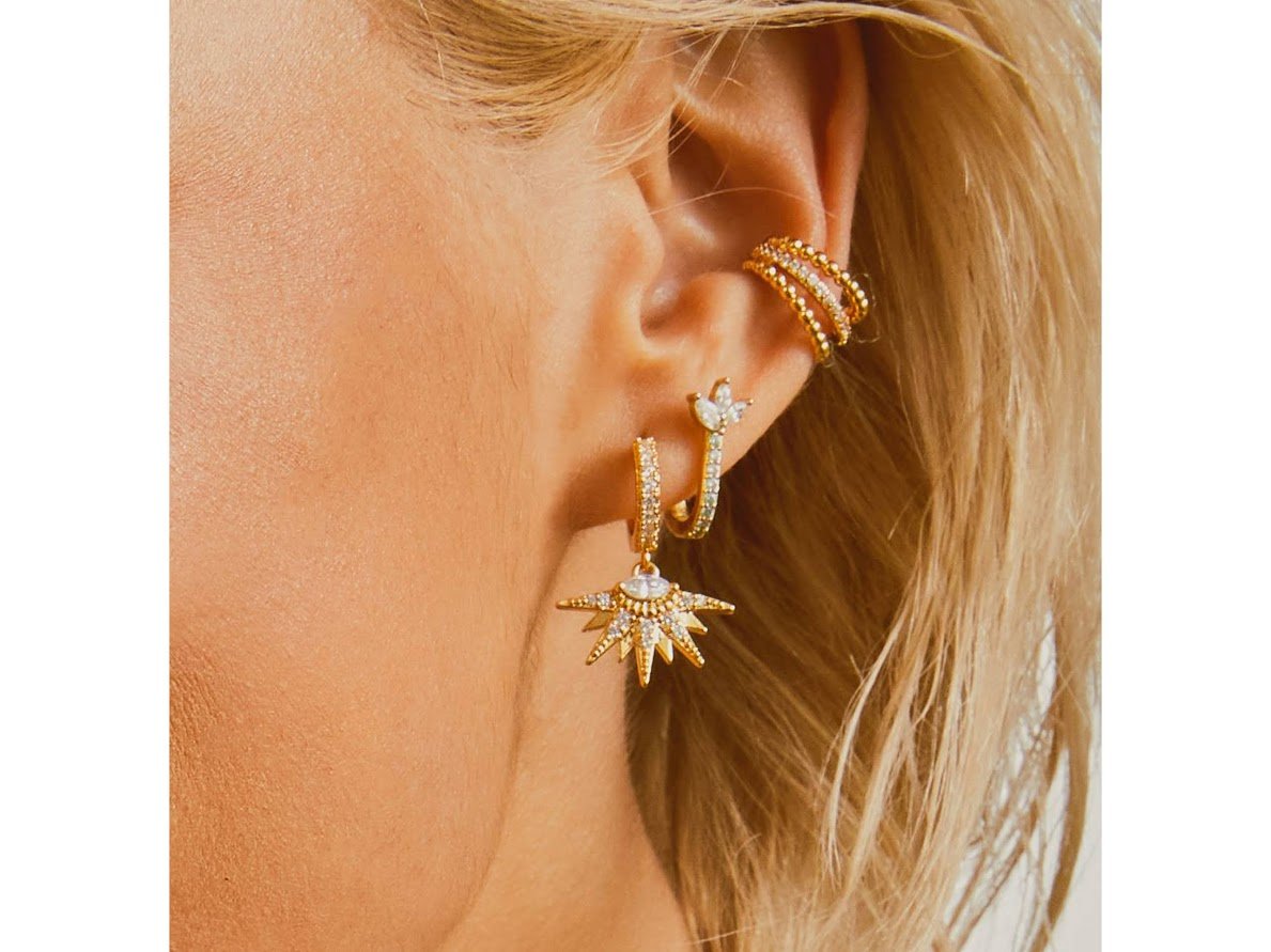 Gold Huggie Hoops with Sunrise Drop Charms