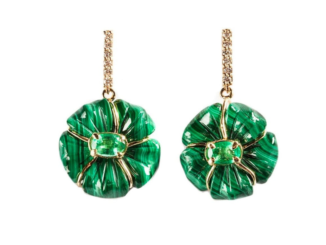 14k Malachite Flower Earrings with Emeralds and Diamonds