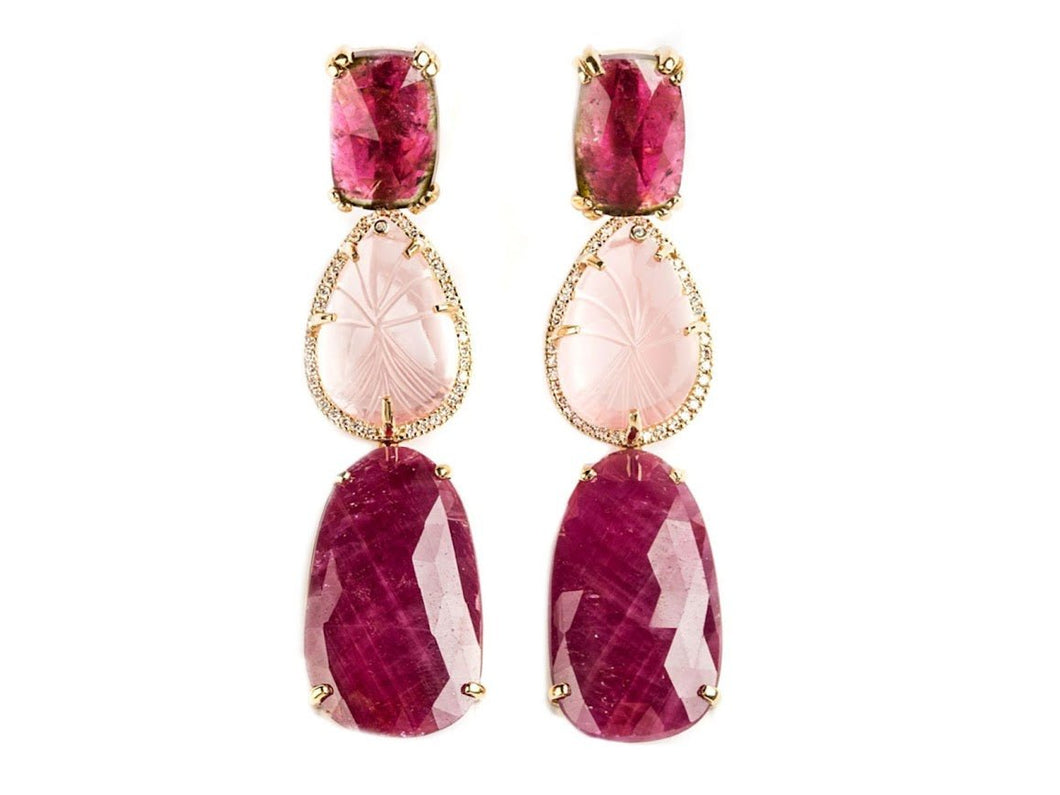 14k Detachable Drop Earrings with Tourmaline, Rose Quartz, and Diamonds