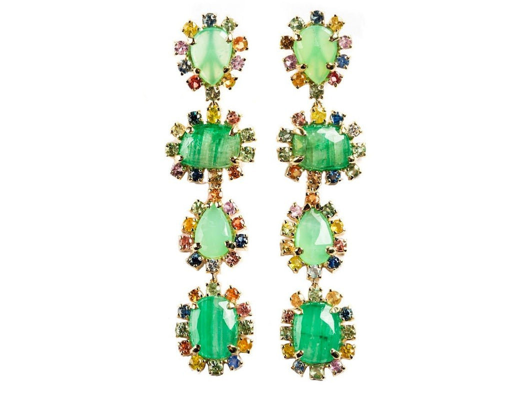 14k Drop Earrings wtih Chrysoprase, Emeralds, and Sapphires