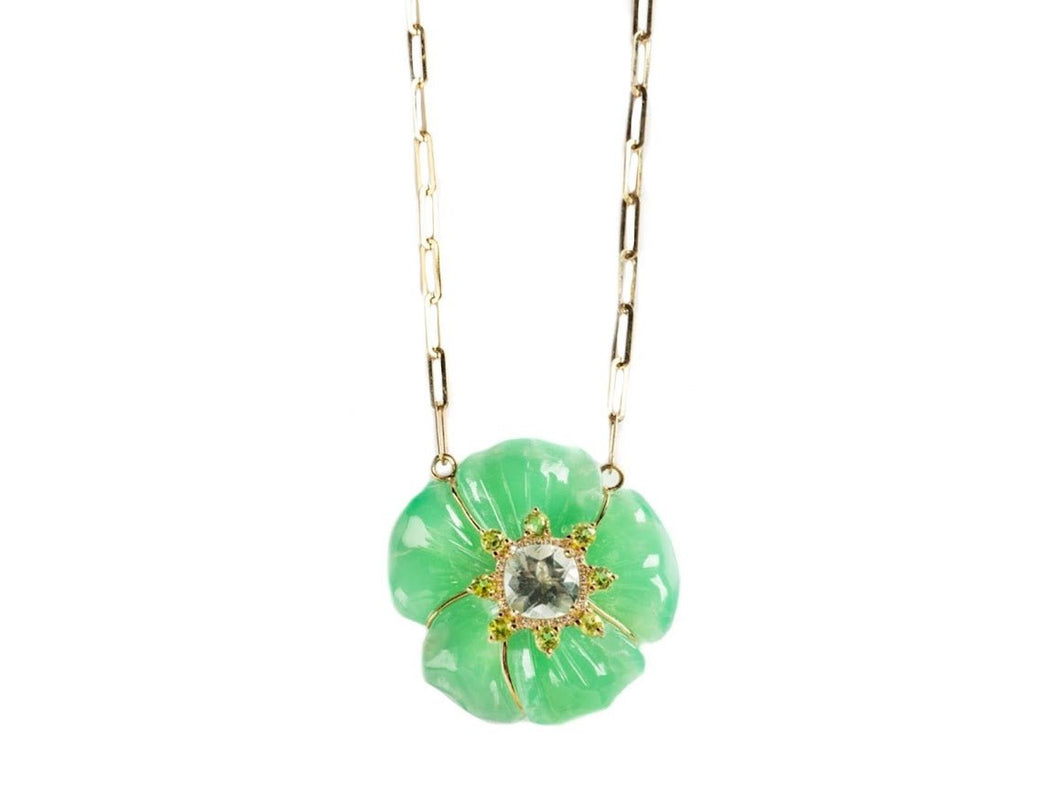 14k Chrysoprase Flower Necklace with Green Amethyst, Peridot, and Diamonds