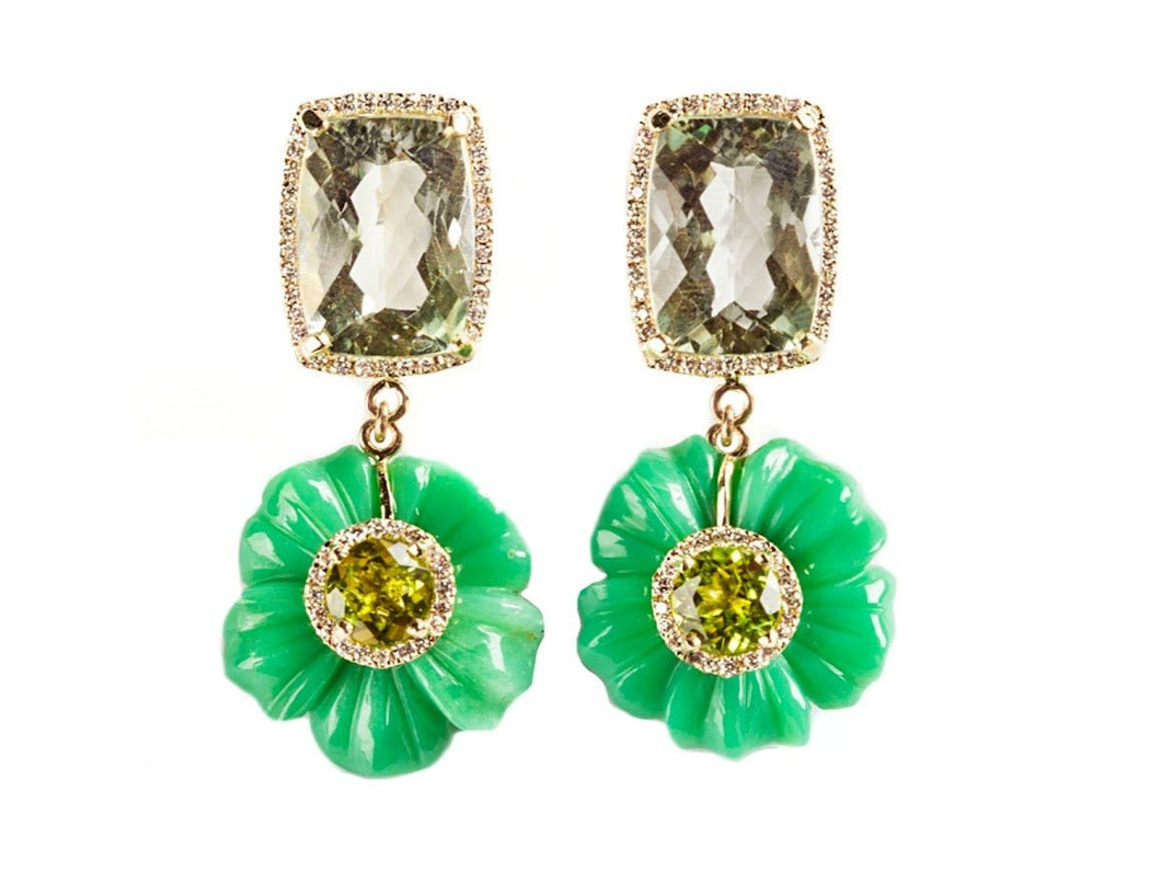 14k Chrysoprase Flower Earrings with Peridot, Green Amethyst, and Diamonds