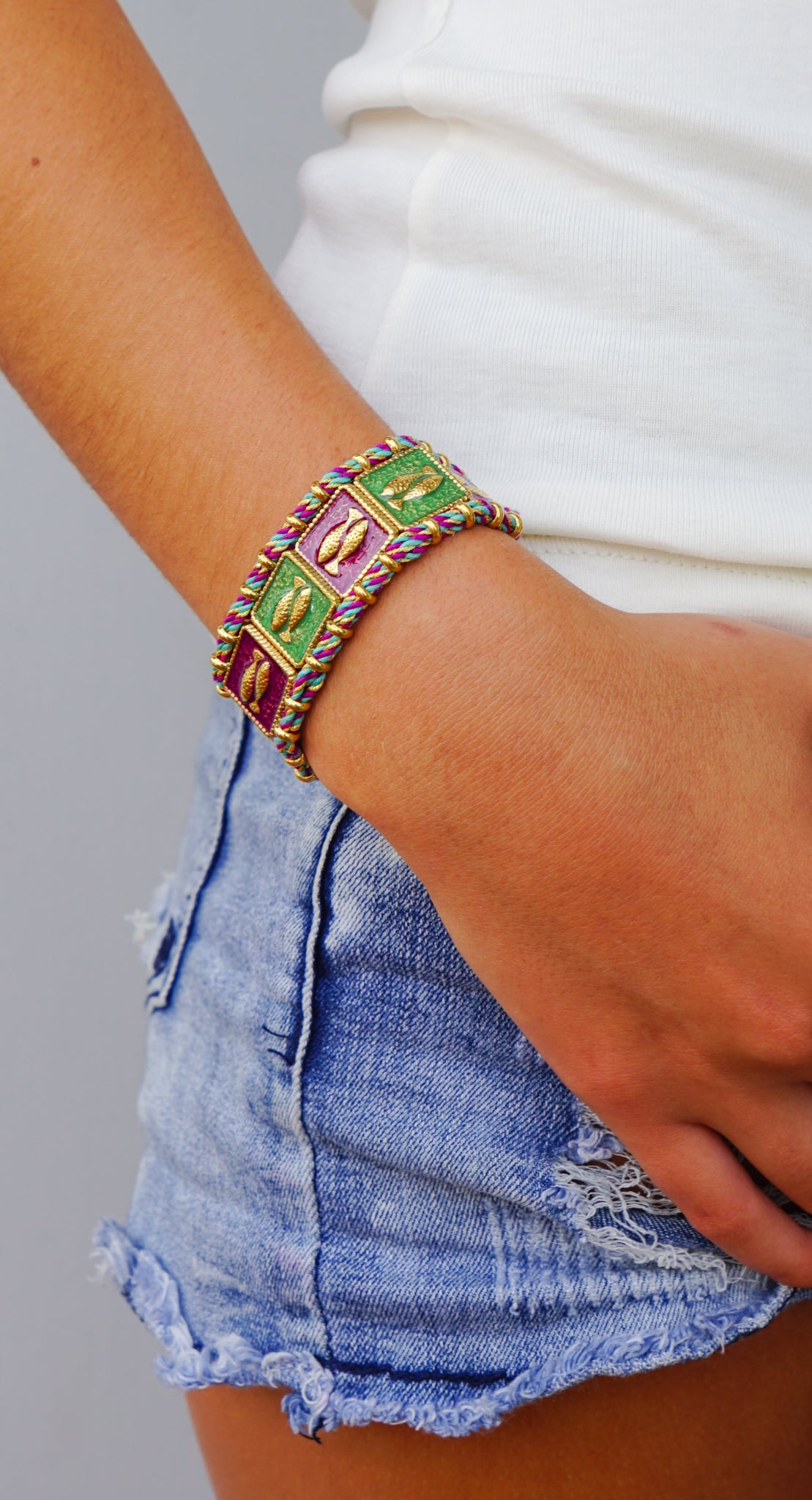 Purple and Green Bracelet with Golden Fishes
