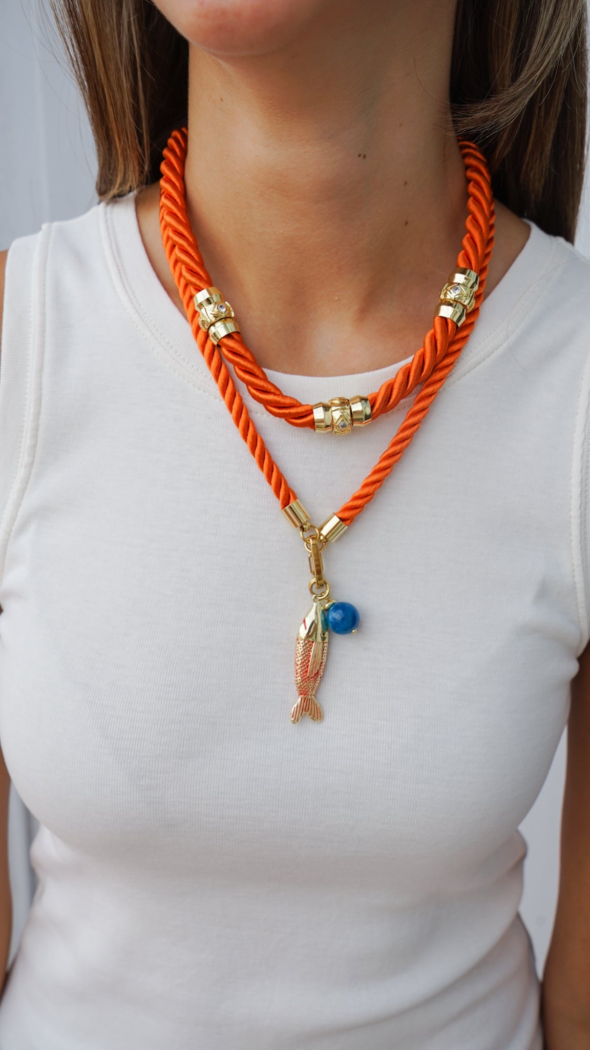 Orange Cord Necklace with Fish Charm and Bead
