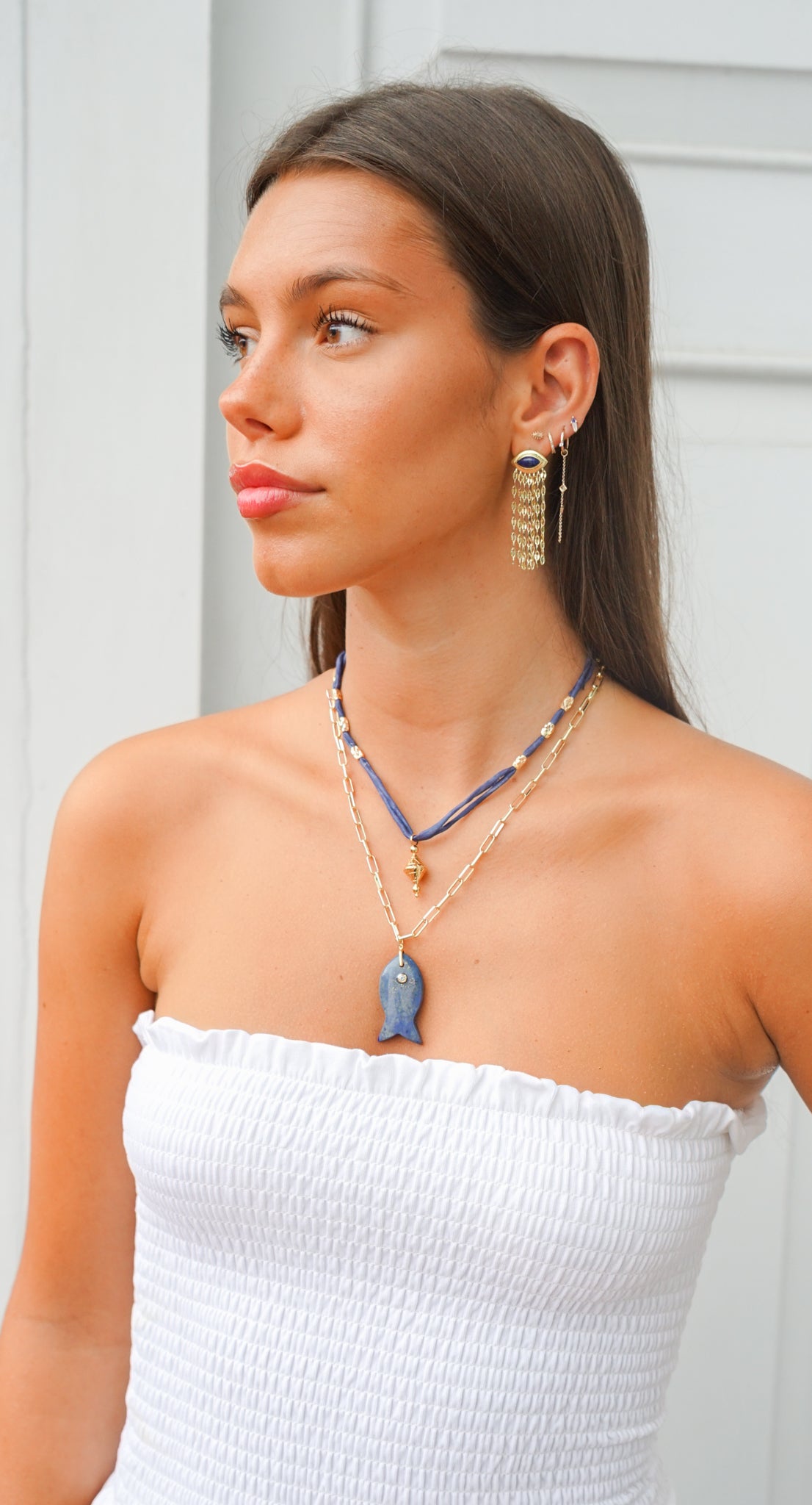 Lapis Fish Charm Necklace with CZ