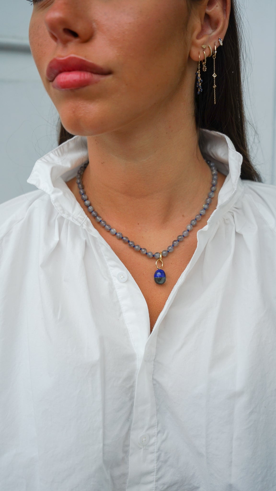 Labradorite Strand Necklace on Dark Blue Silk